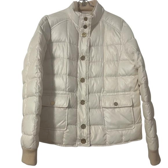 Tory Burch Quilted Puffer Jacket Large Snap Button in Cream Sz L Slim Fit Chic - Picture 1 of 14